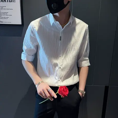 夏季男短袖衬衫修身中袖七分袖潮流休闲网红条纹帅气百搭ins衬衣商品大图