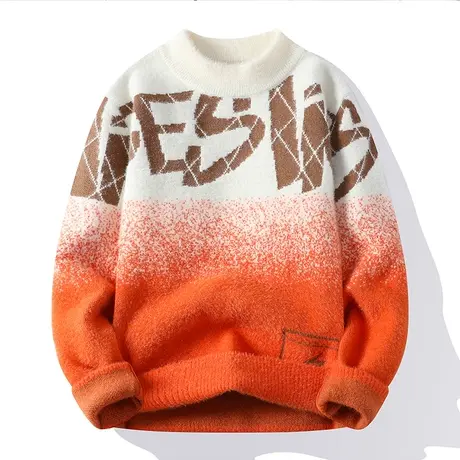 提花字母毛衣男韩版潮流百搭青少年学生休闲个性渐变色毛线衣男装图片