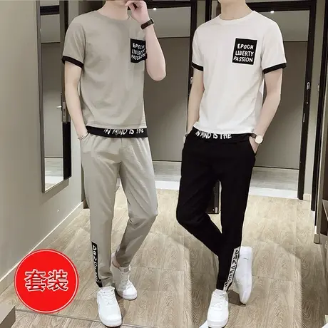 夏季男士短袖T恤一套装潮牌帅气韩版学生运动休闲体恤搭配两件套商品大图