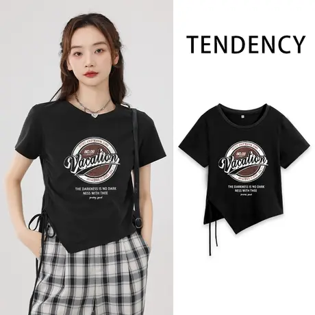 VR真维斯短袖t恤女夏季2023新款不规则抽绳短款女上衣高腰露脐潮V商品大图