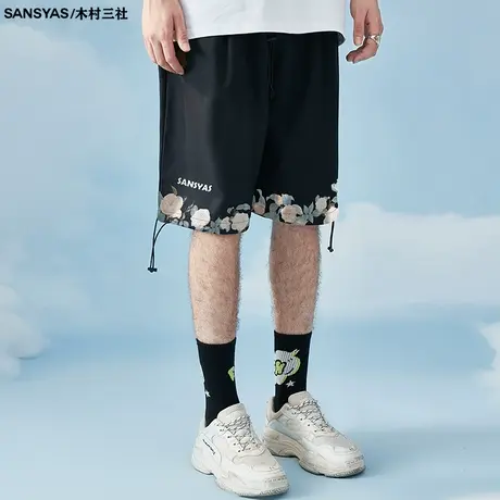 木村三社SANSYAS 山茶花印花黑色夏季短裤男休闲大码运动五分裤商品大图