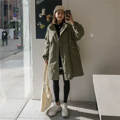早秋新款风衣女抽绳中长款春秋韩版宽松大码慵懒风休闲工装外套潮商品大图