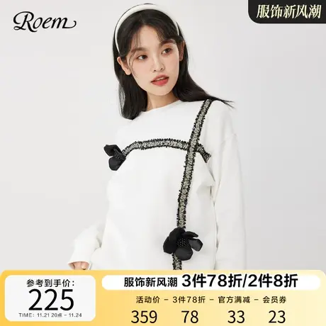 Roem秋冬 时尚商场同款简约打底套头罗纹圆领甜酷风花朵长袖卫衣图片