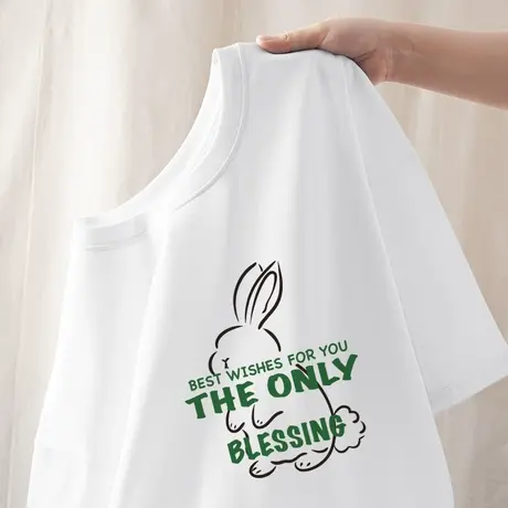 白色纯棉短袖t恤女夏季2023年新款宽松薄款设计感别致小兔子上衣图片