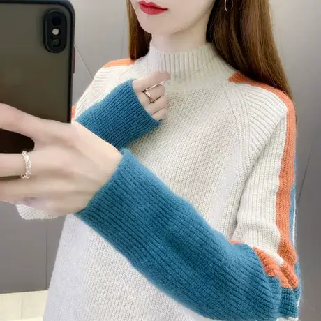 半高领毛衣女秋冬2022年新款时尚拼色加厚套头针织上衣宽松打底衫商品大图