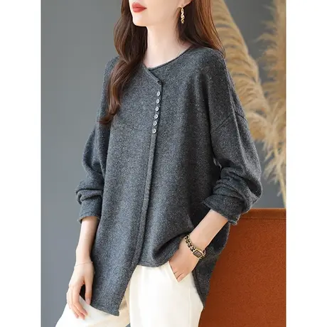 宝诗黎圆领宽松不规则下摆羊毛针织衫2024春季新款时尚设计感毛衣商品大图