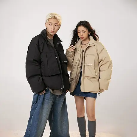 设计感纯色立领棉服女加厚冬季工装外套2023新款情侣复古宽松棉衣商品大图