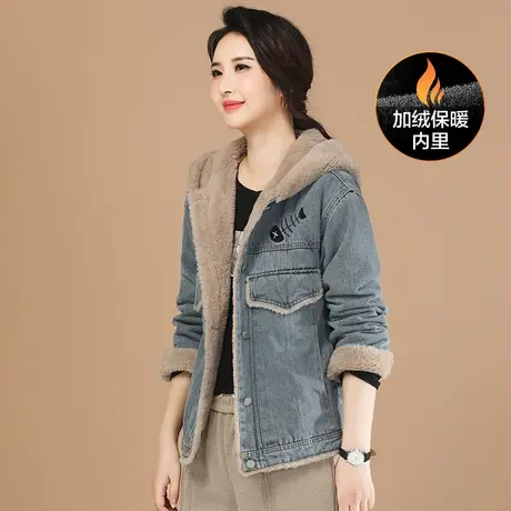 韩朝袭人复古连帽刺绣加绒牛仔外套女2023冬季新款休闲百搭棒球服图片