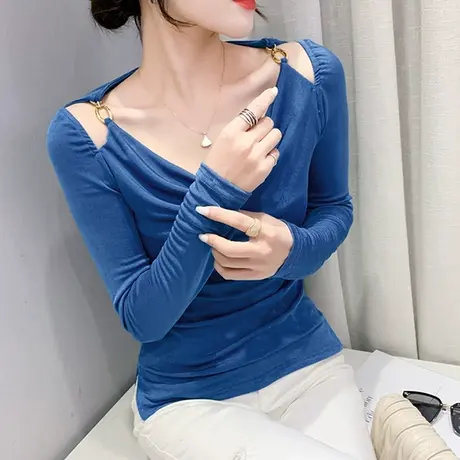 性感锁骨长袖T恤打底衫女2024春秋新款欧货一字领心机修身上衣潮图片