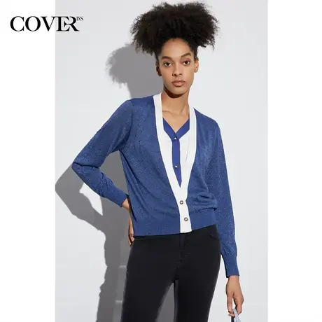 COVER2023春款天丝丝混纺撞色假两件挑孔提花针织衫外套商品大图