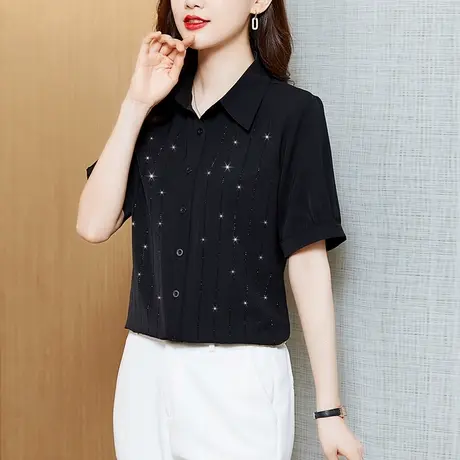 2023新款时尚真丝衬衫女黑色重磅高品质烫钻短袖桑蚕丝女上衣商品大图