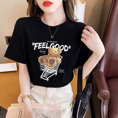 小熊短袖t恤女纯棉2023年夏季新款宽松圆领纯棉半袖正肩上衣ins潮商品大图