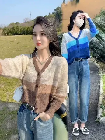 2023年春秋季新款韩系层次感V领条纹复古风针织衫洋气长袖开衫女商品大图