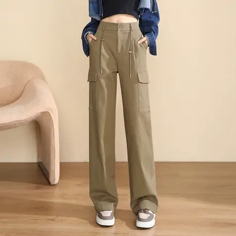 卡其阔腿工装裤女秋季2023新款美式高腰抽绳直筒裤垂感显瘦休闲裤商品大图