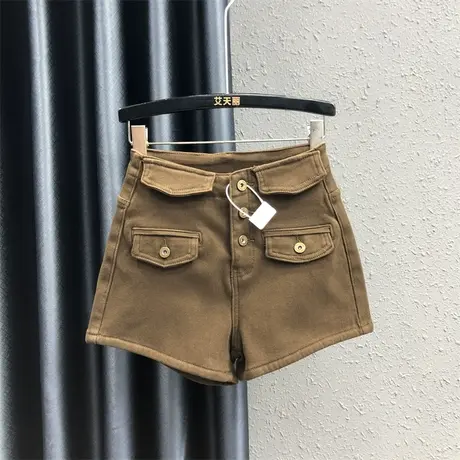 欧货咖啡色加绒加厚牛仔短裤女2023秋冬新款高腰小个子阔腿靴裤潮图片