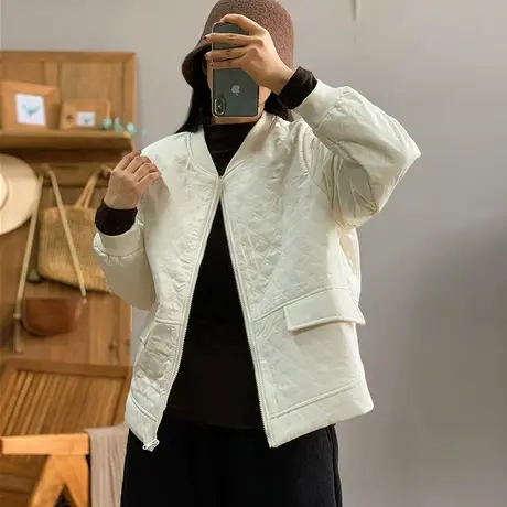 dza 复古纯色菱格棉服外套女冬季外穿棉袄宽松休闲短款棒球服棉衣图片