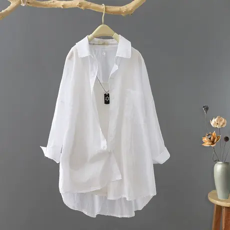 夏季新款韩范纯棉白衬衫女中袖宽松休闲纯色薄款防晒衬衣开衫上衣商品大图