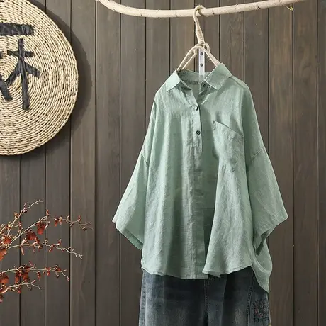 枫谜2021年夏季新款文艺简约棉麻短袖衬衫女宽松纯棉亚麻休闲上衣商品大图