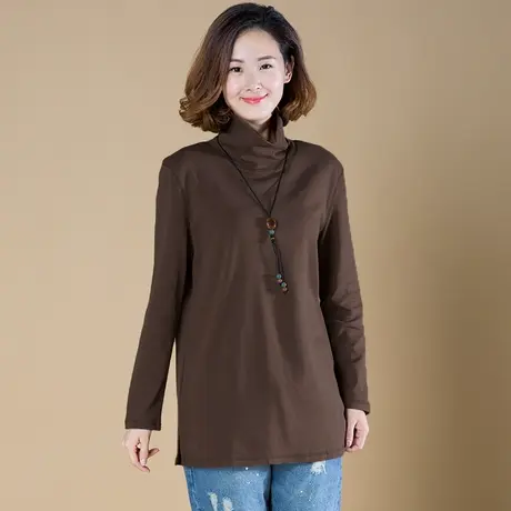 秋冬季加肥加大码宽松高领打底衫女加绒加厚中长款显瘦全棉女T恤商品大图