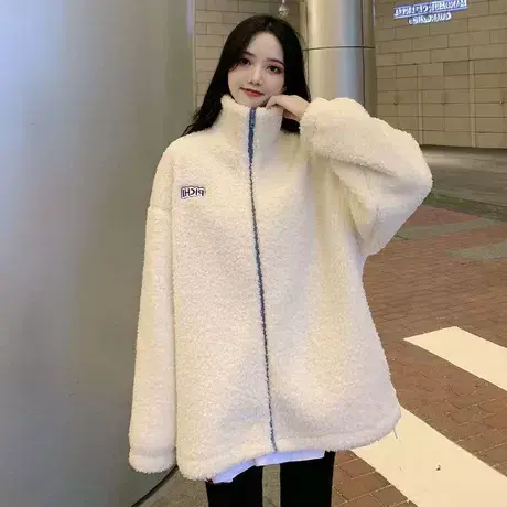 小香风羊羔毛外套女2023秋冬小个子高级感上衣开衫加绒加厚棒球服图片