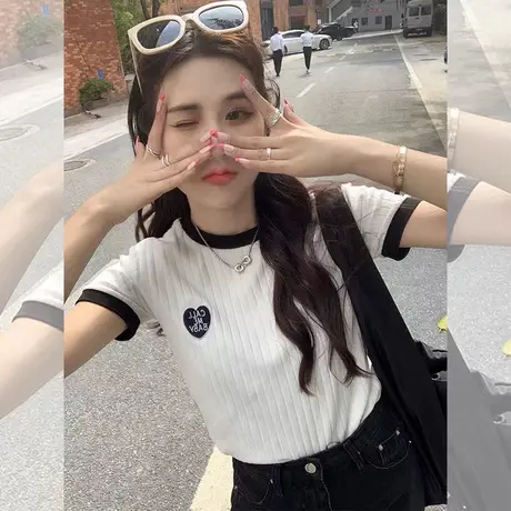 美式复古插肩袖撞色短款短袖t恤女夏季ins甜辣妹显瘦高腰露脐上衣商品大图