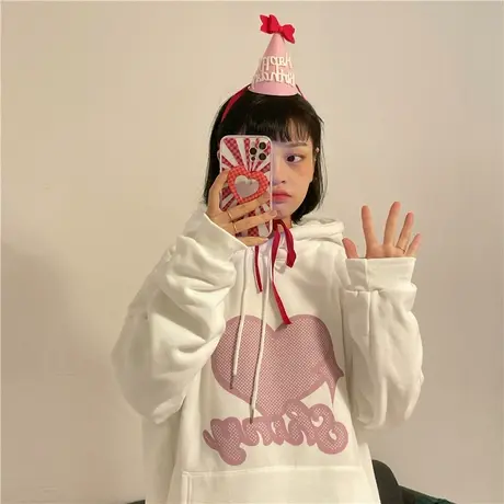 红续爱心加绒加厚连帽卫衣女小个子甜妹卡通chic外套宽松韩版上衣商品大图