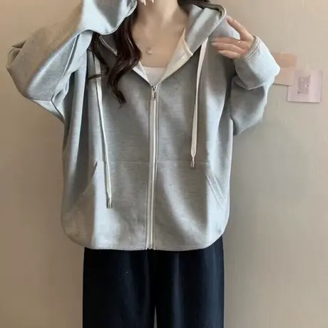 bf慵懒风拉链开衫连帽卫衣女春秋季薄款宽松大码韩版休闲上衣外套图片