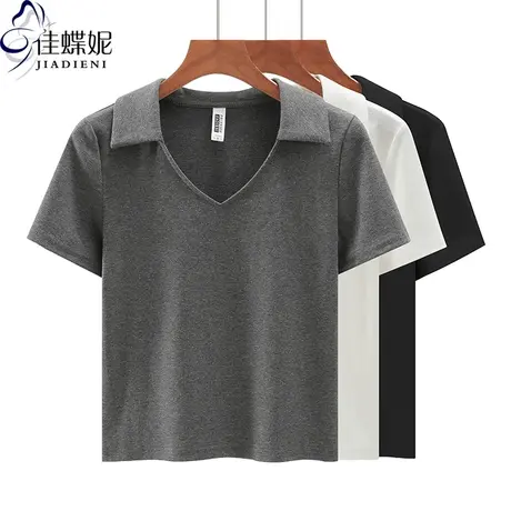 夏季新款韩版翻领纯棉纯修身显瘦简约短袖体恤上衣内搭女打底衫商品大图