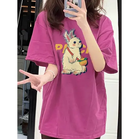 韩版东大门纯棉t恤女oversize大码慵懒风ins潮短袖兔子减龄上衣夏商品大图
