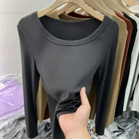低圆领长袖T恤女早春秋冬2024年新款修身内搭打底衫短款正肩上衣图片