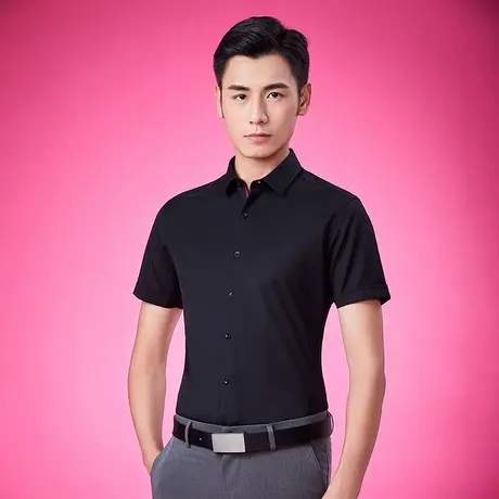 seno短袖衬衫男修身商务休闲韩版潮流免烫正装职业黑色男士衬衣商品大图