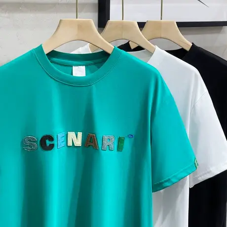 美式休闲重磅短袖t恤男夏季针织字母贴布半袖宽松圆领打底体恤商品大图