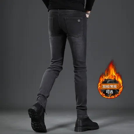 高端冬季加绒牛仔裤男款2024新款黑色修身小脚弹力男士裤子秋冬款图片