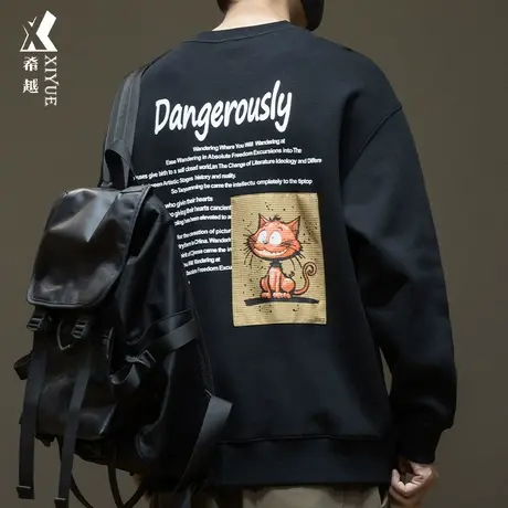 希越圆领小猫卡通设计卫衣男秋冬宽松大码350g重磅套头内搭打底衫商品大图