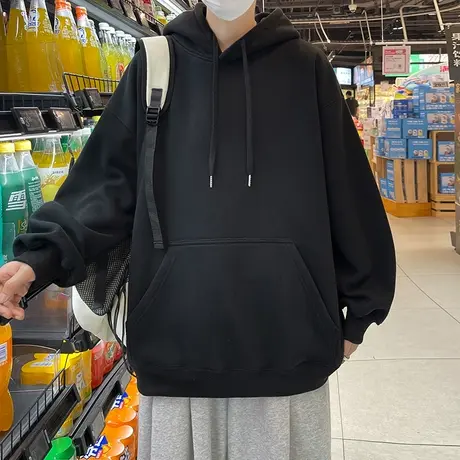 美式潮牌卫衣男款2023新款春秋连帽秋装重磅高街上衣黑色衣服外套商品大图