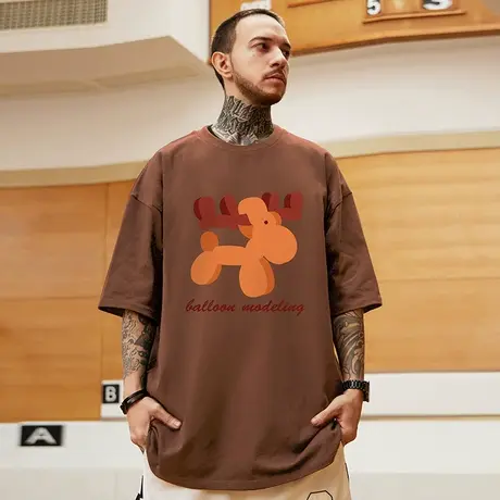 美式复古咖啡色T恤男街头潮流bf风百搭休闲宽松纯棉短袖大码半袖商品大图