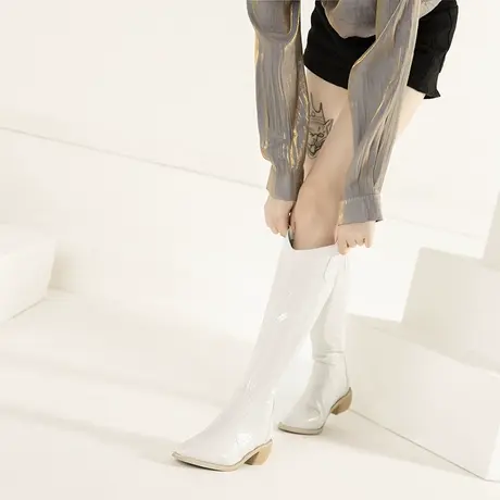 长筒靴子女尖头骑士靴2022新款高筒粗跟西部牛仔靴不过膝v口瘦瘦图片