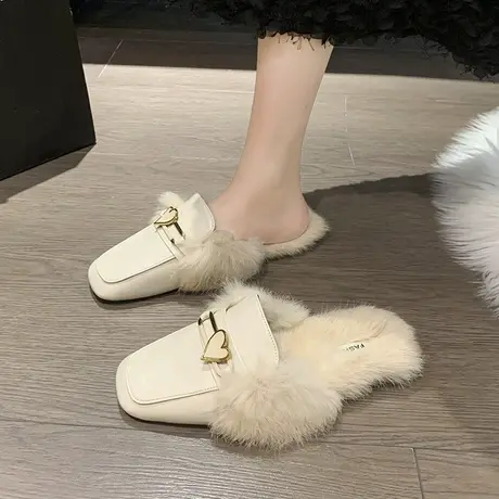 包头半拖兔毛毛毛拖鞋女外穿毛拖鞋女2023新款毛绒厚底冬季晨袍商品大图