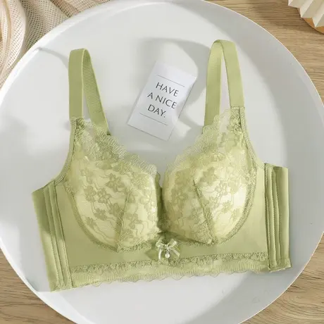 内衣女不空杯小胸聚拢上托收副乳胸罩蕾丝调整型防外扩绿色文胸罩图片