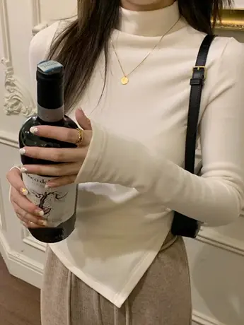 德绒半高领内搭打底衫女秋冬2024新款不规则正肩辣妹灰色修身上衣商品大图