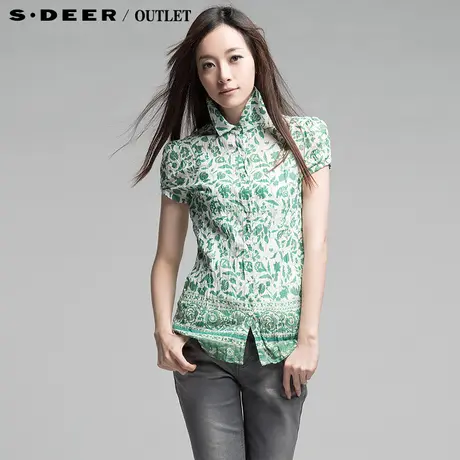 sdeer圣迪奥2014新款女装夏装树叶印染抓皱短袖衬衫衬衣3280474图片
