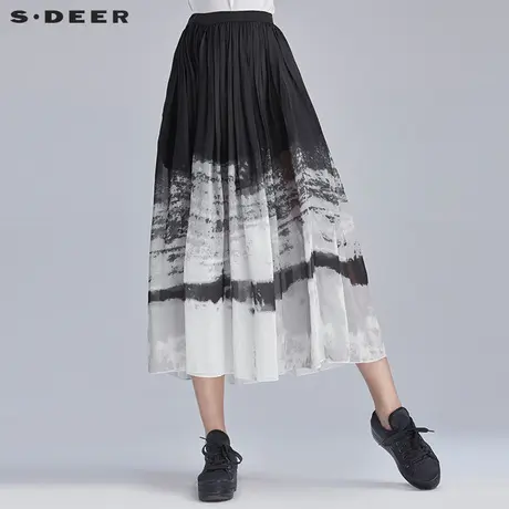 sdeer圣迪奥夏装写意渐变水墨印花雪纺松紧半身裙长裙女S16281195图片