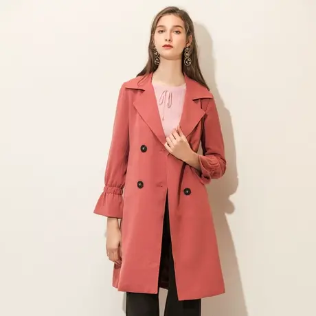 季候风新款简约绑带显瘦纯色双排扣中长款风衣外套女8613FA605商品大图