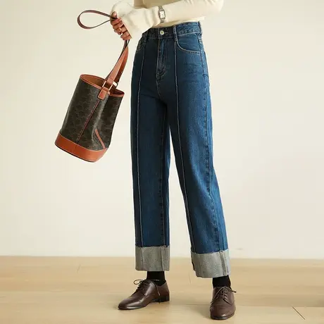 直筒牛仔裤女2023年新款高腰阔腿宽松裤子设计感女小众春秋商品大图