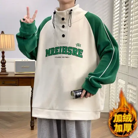 秋冬季半高领奥粒绒卫衣青少年男孩宽松加绒加厚长袖T恤保暖外套商品大图