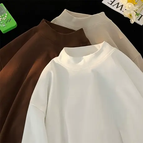 港风半高领德绒打底衫男春秋季针织衫加厚保暖纯色长袖套头内搭潮商品大图