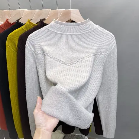 一体绒半高领毛衣女加绒厚打底衫2023秋冬新款钉珠针织衫内搭上衣商品大图