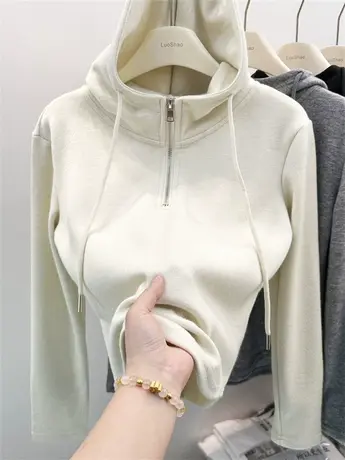 欧货半拉链连帽加绒磨毛卫衣长袖女秋冬新款打底衫内搭纯色上衣潮商品大图