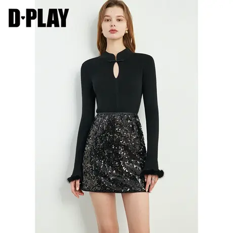 DPLAY新中式打底衫黑色上衣国风毛衣中式盘扣上衣针织衫打底衫女商品大图