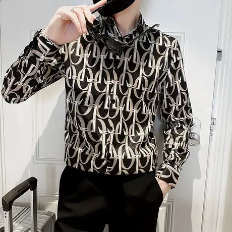 长袖衬衫男复古高级感满印休闲花色衬衣2023春秋季发型师痞帅上衣商品大图